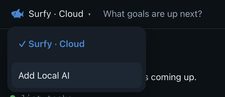 The CloudSurf model menu offers Add Local AI alongside cloud models