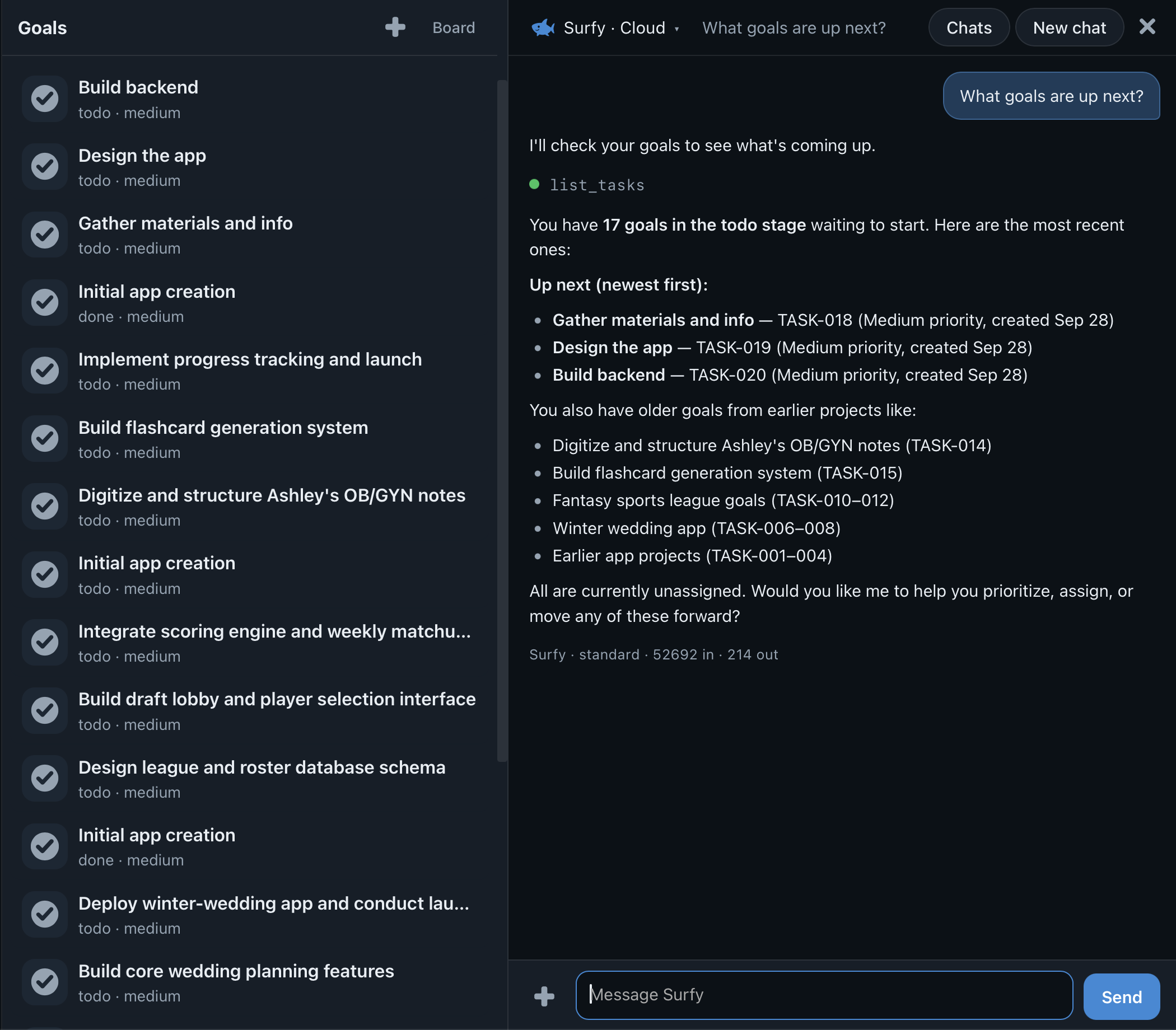A real CloudSurf task board with work organized by status