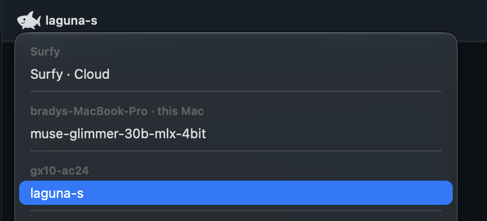 The CloudSurf Mac model menu shows models available on connected devices